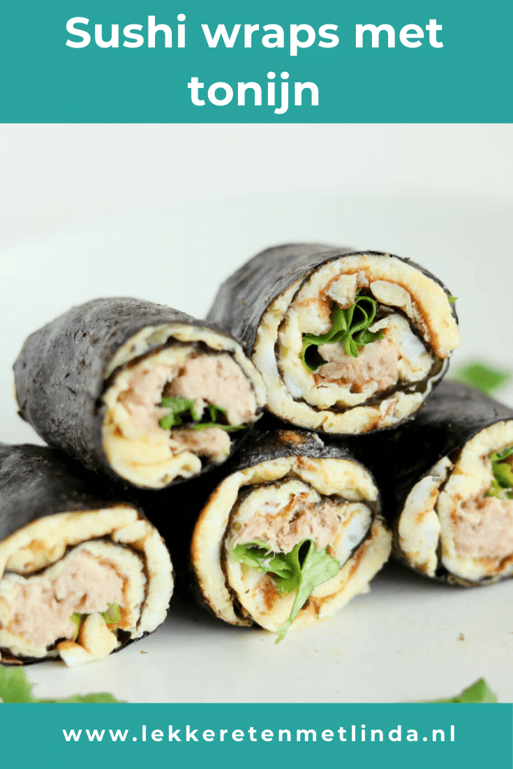 Sushi wraps met tonijn en een omelet. Een lekkere budget vriendelijke optie voor sushi tijdens de lunch. Klik snel op de foto voor het recept. #sushi #wraps #ei