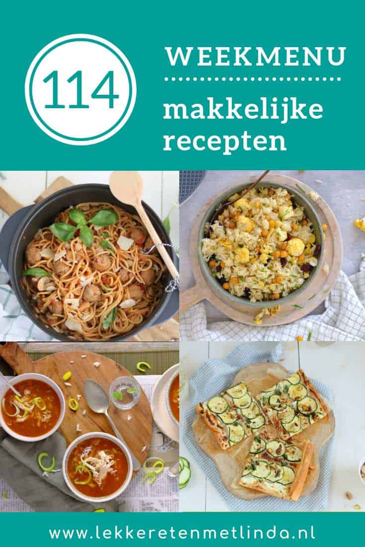 Weekmenu 114 makkelijke recepten voor het hele gezin met een eenpans spaghetti, Chinese tomatensoep en rijst met geroosterde bloemkool. #recepten #gezond #planner #avondeten #inspiratie