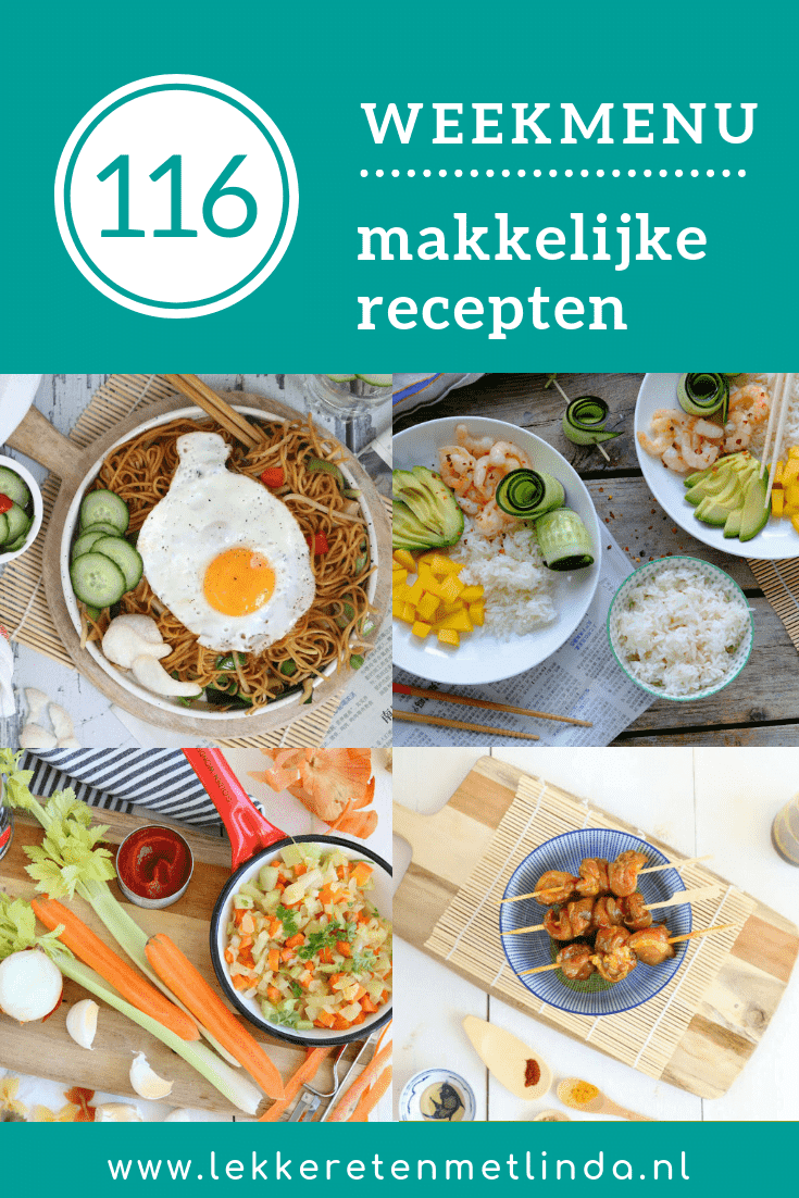 Weekmenu 116 makkelijke recepten voor het hele gezin. Gebruik de planner als inspiratie voor het avondeten met deze week een snelle bami, zelfgemaakte saté, rijstsalade met garnalen.