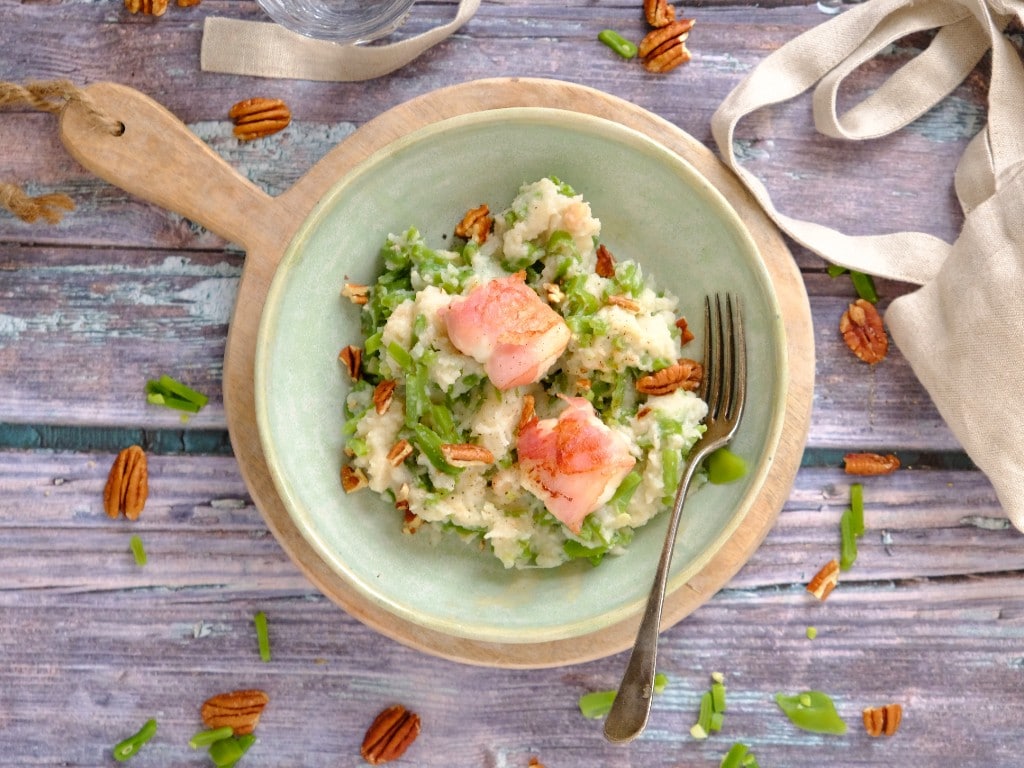 Snijbonen stamppot met geitenkaas met spek