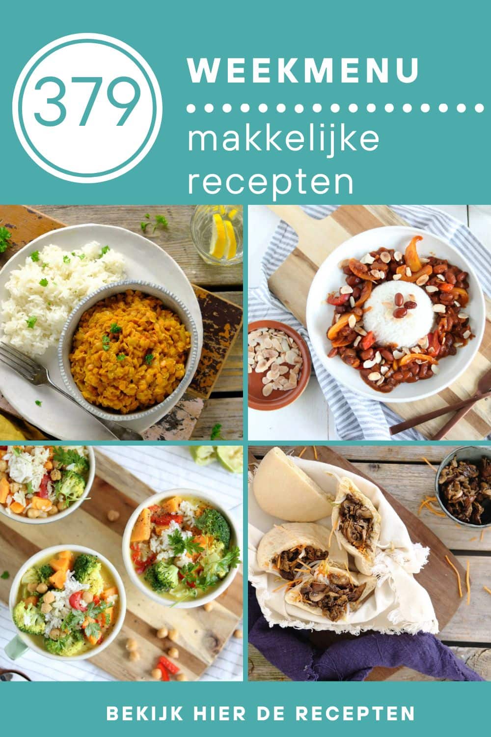 Weekmenu recepten voor het avondeten. Week zonder vlees en zuivel.